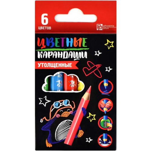 Феникс+ Карандаши цветные Пингвин-летчик, трехгранные, утолщенные, 6 цветов