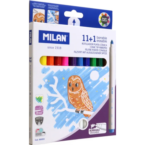 Milan Фломастеры стираемые, 11 цветов + 1 стиратель