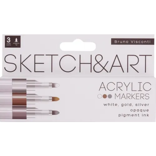 Bruno Visconti Набор акриловых маркеров Sketch&Art, 3 штуки, золотой, серебряный, белый