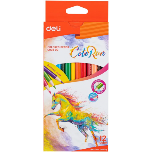 Карандаши цветные Deli "ColoRun", тополь, трехгранные, 12 цветов