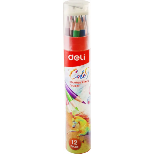 Карандаши цветные "Deli", тополь, трехгранные, с точилкой, 12 цветов