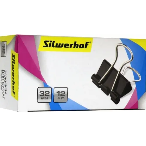 Набор зажимов для бумаг "Silwerhof", цвет: черный, 32 мм, 12 штук