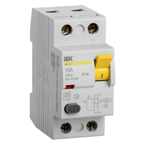 Выключатель дифф.тока УЗО IEK ВД1-63 (MDV10-2-016-010) 16A 10мА AC 2П 230В 2мод белый (упак.:1шт)