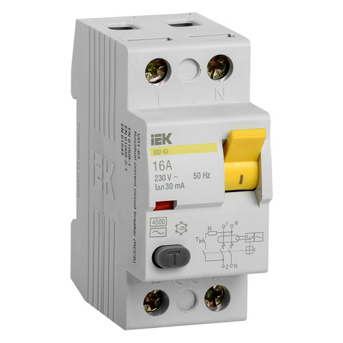Выключатель дифф.тока УЗО IEK ВД1-63 (MDV10-2-016-030) 16A 30мА AC 2П 230В 2мод белый (упак.:1шт)