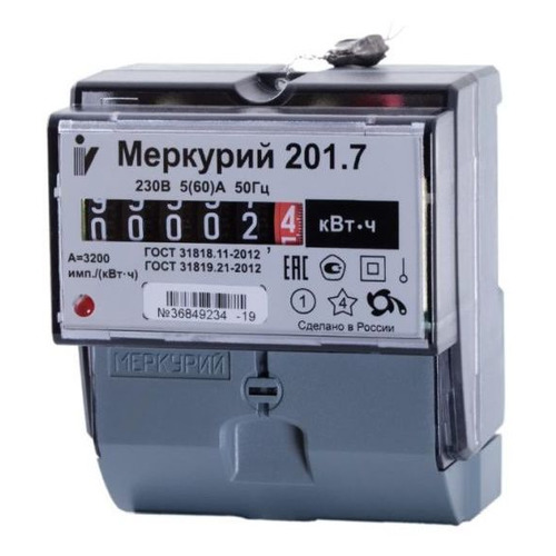 Счетчик электроэнергии ИНКОТЕКС Меркурий 201.7, 1-фазный, однотарифный, 5(60)A [32680]