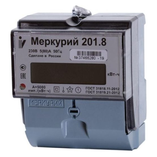 Счетчик электроэнергии ИНКОТЕКС Меркурий 201.8, 1-фазный, однотарифный, 5(80)A [32681]