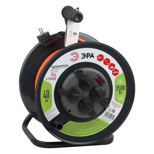 Удлинитель силовой Эра RMx-4es-3x1.5-40m-IP44, розеток 4шт, 3x1.5 кв.мм, 16A, 40м, ПВС, катушка металлическая, оранжевый [б0046851]