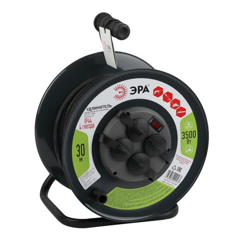 Удлинитель силовой Эра RMx-4es-3x1.5-30m-IP44(KG), розеток 4шт, 3x1.5 кв.мм, 16A, 30м, ПВС, катушка металлическая, черный [б0046844]