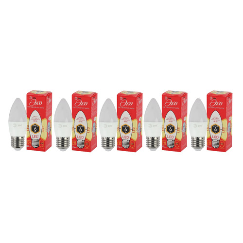 Упаковка ламп LED Эра E27, свеча, 6Вт, 2700К, белый теплый, ECO LED B35-6W-827-E27, 5 шт. [б0020620]