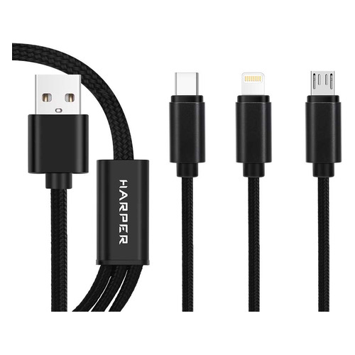 Кабель Harper BRCH-910, Lightning (m)/USB Type-C (m)/micro USB (m) - USB (m), 1.2м, в оплетке, 2A, черный
