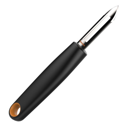 Нож кухонный Fiskars 1014418, для чистки овощей и фруктов, 80мм, заточка прямая, стальной, черный/оранжевый