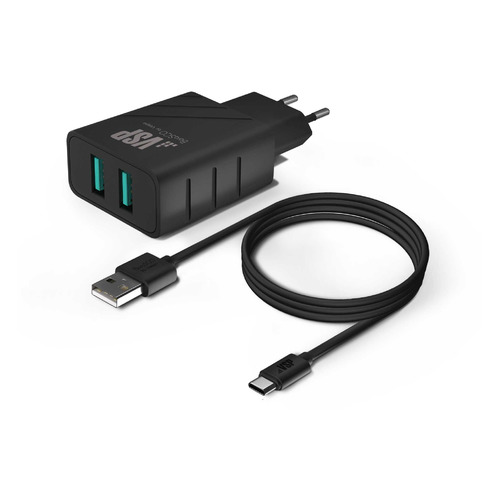 Сетевое зарядное устройство BORASCO 37264, 2xUSB, USB type-C, 2.4A, черный