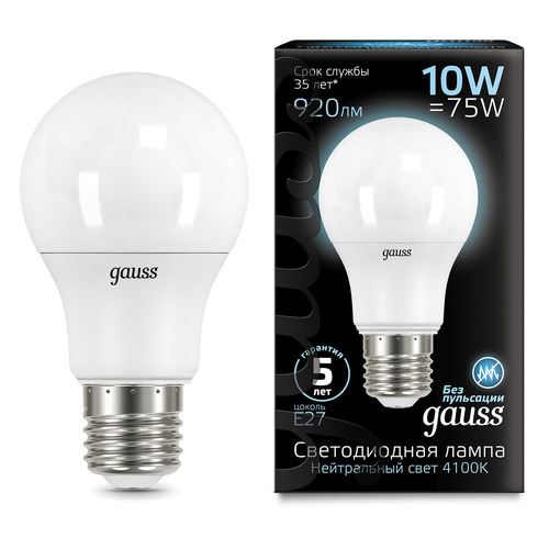 Упаковка ламп LED GAUSS E27, шар, 10Вт, 4100К, белый нейтральный, A60, 10 шт. [102502210]