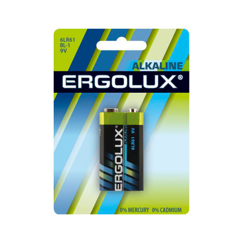 9V Батарейка ERGOLUX Alkaline 6LR61 BL-1, 1 шт. 600мAч
