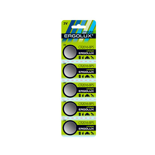 CR2016 Батарейка ERGOLUX Lithium CR2016-BP5, 5 шт. 75мAч