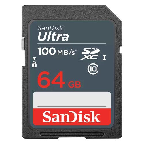 Карта памяти SDXC UHS-I Sandisk Ultra 64 ГБ, 100 МБ/с, Class 10, SDSDUNR-064G-GN3IN, 1 шт