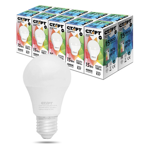 Упаковка ламп LED Старт E27, груша, 15Вт, 4000К, белый нейтральный, LEDGLSE27 15W 40 TL, 10 шт. [13268]