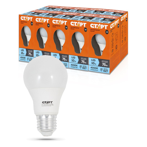 Упаковка ламп LED Старт E27, груша, 10Вт, 4000К, белый нейтральный, LEDGLSE27 10W 40, 10 шт. [14824]