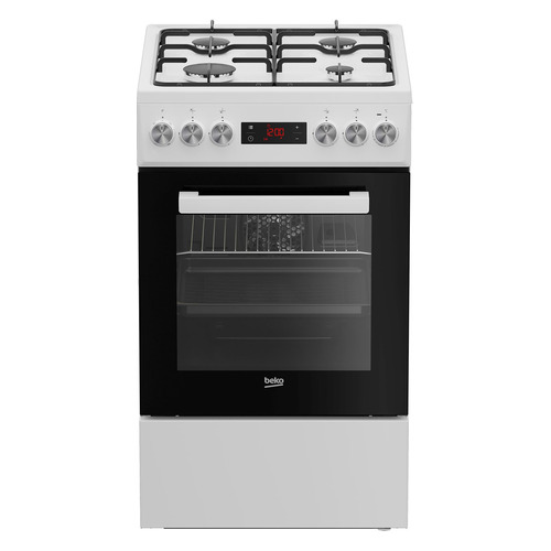 Газовая плита Beko FSE52320DWD, электрическая духовка, без крышки, эмалированная сталь, белый и черный