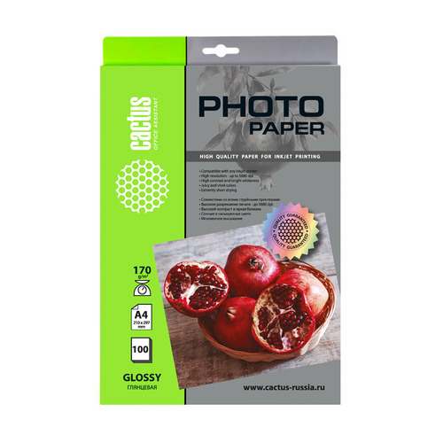 Фотобумага Cactus CS-GA4170100, A4, 170г/м2, 100л, для струйной печати, белый, покрытие глянцевое