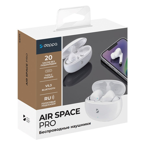 Гарнитура Deppa Air Space, Bluetooth, вкладыши, белый [44177]