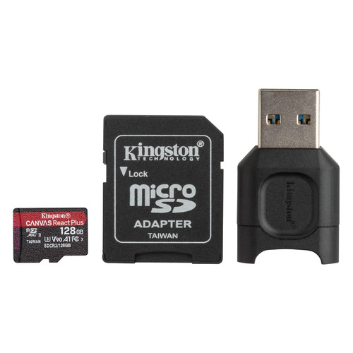 Карта памяти microSDXC UHS-I U3 Kingston Canvas React Plus 128 ГБ, 285 МБ/с, Class 10, MLPMR2/128GB, 1 шт., переходник SD