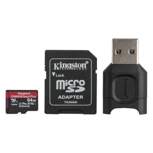 Карта памяти microSDXC UHS-I U3 Kingston Canvas React Plus 64 ГБ, 285 МБ/с, Class 10, MLPMR2/64GB, 1 шт., переходник SD