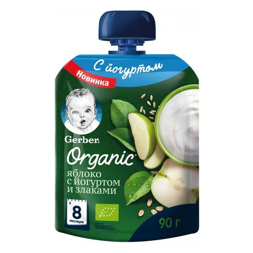 Пюре GERBER Organic, фруктово-йогуртное, Яблоко со злаками, с 8 месяцев, 90 г [12383873]