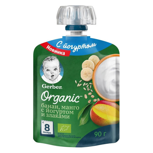 Пюре GERBER Organic, фруктово-йогуртное, Банан манго с йогуртом и злаками, с 8 месяцев, 90 г [12353064]