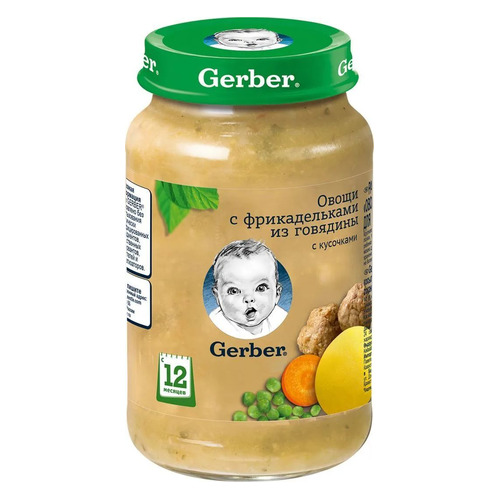 Пюре GERBER мясное, Овощи с фрикадельками из говядины, с 12 месяцев, 190 г [12366330]