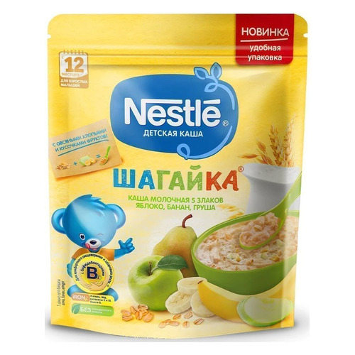 Каша NESTLE молочная, 5 злаков, Шагайка, яблоко, банан, груша, с 12 месяцев, 200 г [12424658]