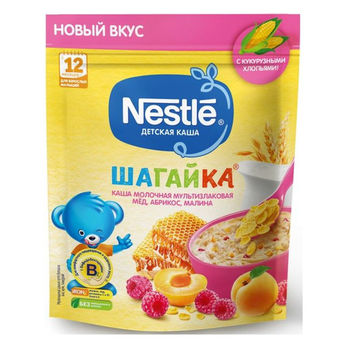 Каша NESTLE молочная, мультизлаковая, Шагайка, абрикос, малина, мед, с 12 месяцев, 220 г [12393541]