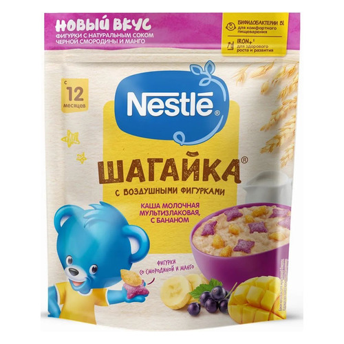 Каша NESTLE молочная, мультизлаковая, Шагайка, банан,черная смородина, манго, пшеничные фигурки, с 12 месяцев, 220 г [12327818]