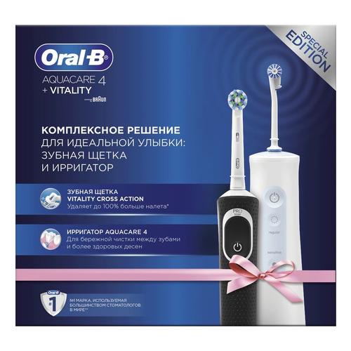 Набор электрических зубных щеток Oral-B Vitality 100 + Aquacare 4 Oxyjet, цвет: черный и белый