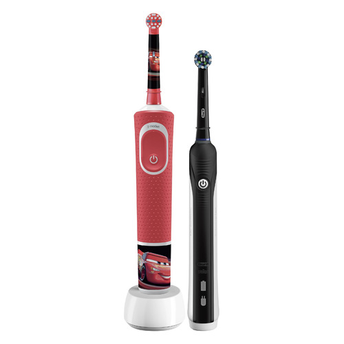 Набор электрических зубных щеток Oral-B Family Edition Pro 1 700+Kids Cars, цвет: черный и красный