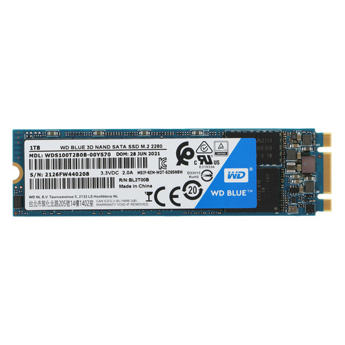 SSD накопитель WD Blue WDS100T2B0B 1ТБ, M.2 2280, SATA III