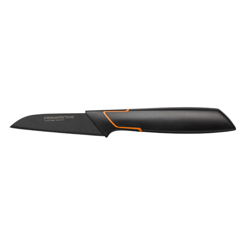 Нож кухонный Fiskars Edge, для чистки овощей и фруктов, 80мм, заточка прямая, стальной, черный/оранжевый [1003091]