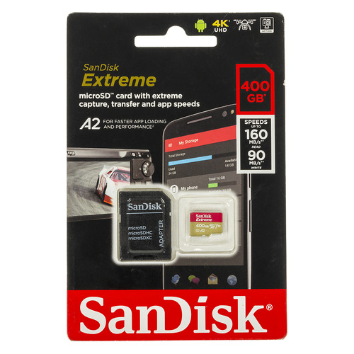 Карта памяти microSDXC UHS-I U3 Sandisk Extreme 400 ГБ, 160 МБ/с, Class 10, SDSQXA1-400G-GN6MA, 1 шт., переходник SD