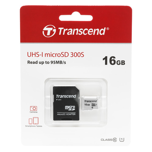 Карта памяти microSDHC UHS-I U1 Transcend 16 ГБ, 95 МБ/с, Class 10, TS16GUSD300S-A, 1 шт., переходник SD