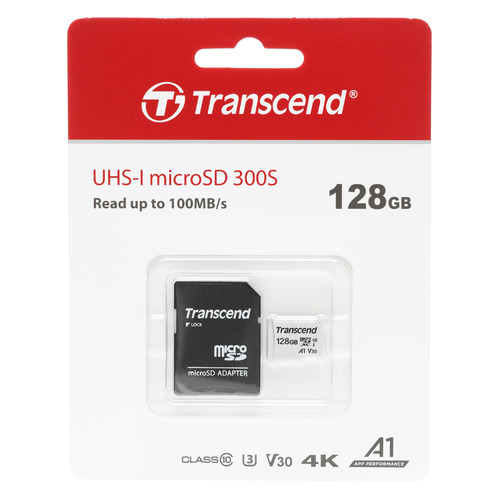Карта памяти microSDXC UHS-I U3 Transcend 128 ГБ, 100 МБ/с, TS128GUSD300S-A, 1 шт., переходник SD