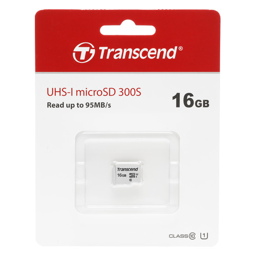 Карта памяти microSDHC UHS-I U1 Transcend 16 ГБ, 95 МБ/с, Class 10, TS16GUSD300S, 1 шт