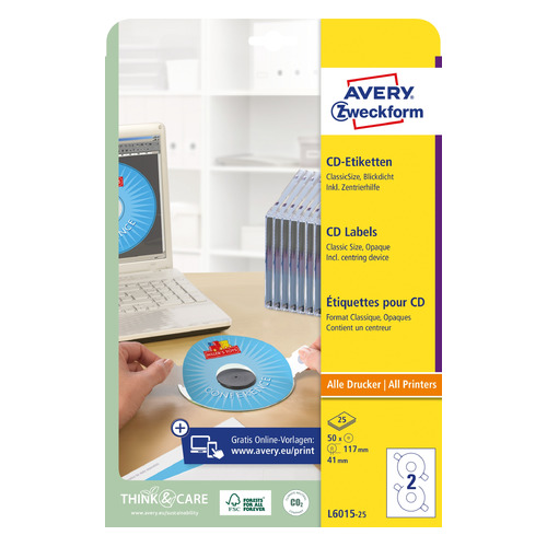 Этикетки Avery Zweckform CD/DVD L6015-25 A4/196г/м2/50л./белый самоклей. для лазерной печати