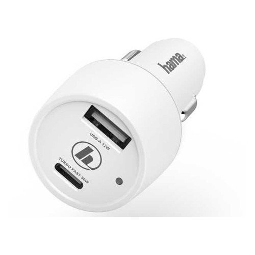Автомобильное зарядное устройство HAMA H-183322, USB + USB type-C, 3A, белый [00183322]