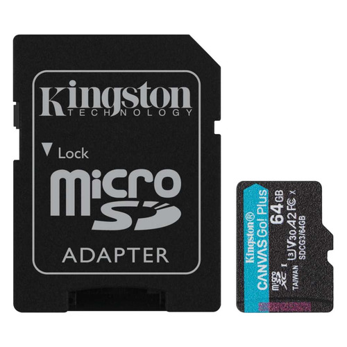 Карта памяти microSDXC UHS-I U3 Kingston Canvas Go! Plus 64 ГБ, 170 МБ/с, Class 10, SDCG3/64GB, 1 шт., переходник SD