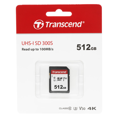 Карта памяти SDXC UHS-I U3 Transcend 512 ГБ, 100 МБ/с, Class 10, TS512GSDC300S, 1 шт