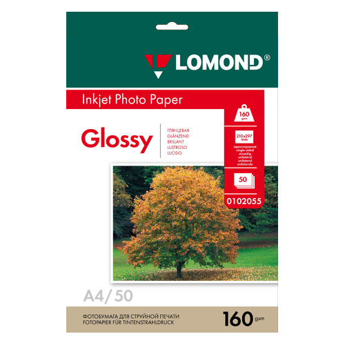 Фотобумага Lomond 0102055, A4, 160г/м2, 50л, для струйной печати, белый, покрытие глянцевое