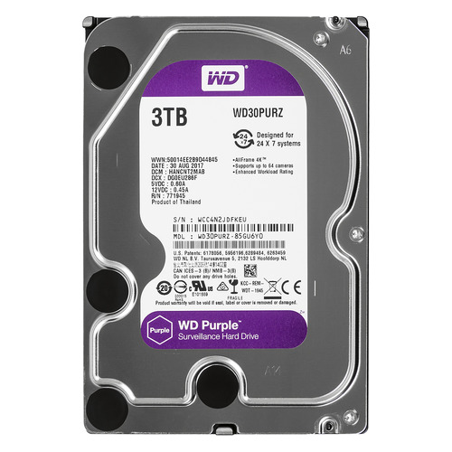 Жесткий диск WD Purple WD30PURZ, 3ТБ, HDD, SATA III, 3.5"