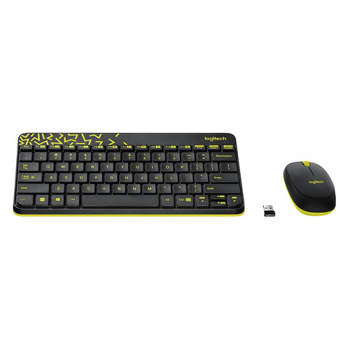 Комплект (клавиатура+мышь) Logitech MK240, USB, беспроводной, черный и жёлтый [920-008213]