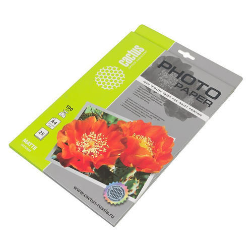 Фотобумага Cactus CS-MA419025, A4, 190г/м2, 25л, для струйной печати, белый, покрытие матовое