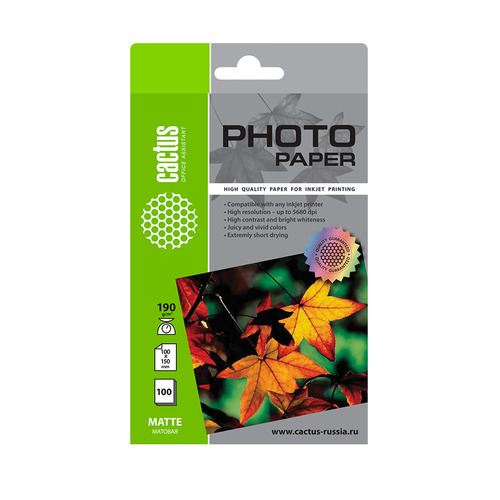 Фотобумага Cactus CS-MA6190100, 190г/м2, 100л, для струйной печати, белый, покрытие матовое